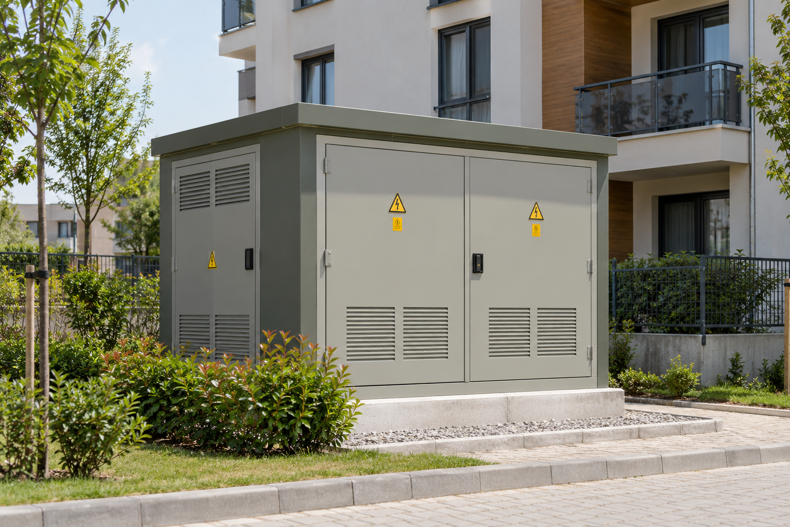 Küçük bir yapıya hizmet veren kompakt kiosk trafo